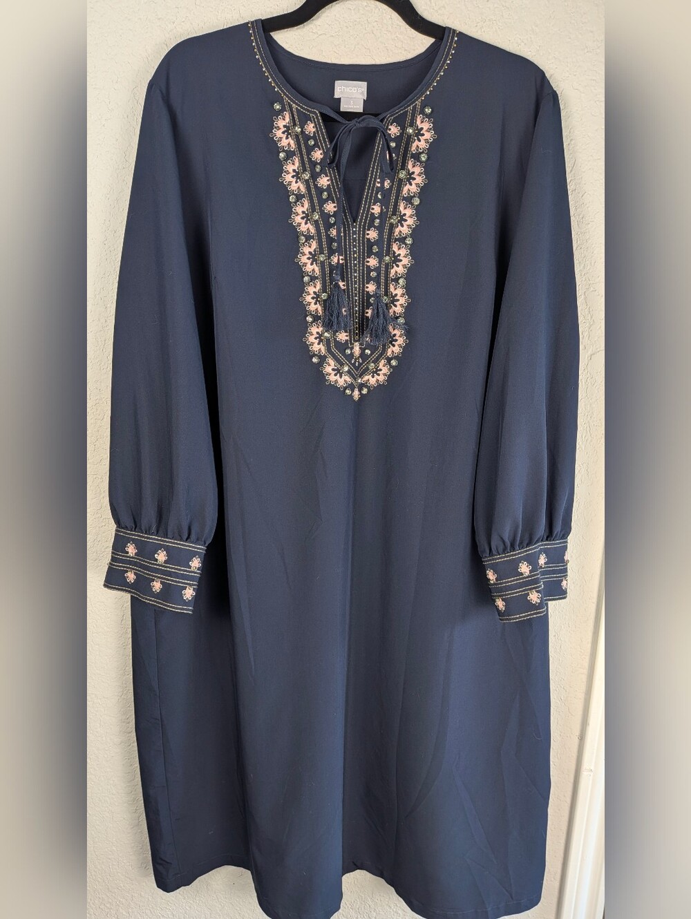 Chico's Embroidered Jewel Neck Midi Shift Dress 16/18 Navy Pink Long Sleeve Chic